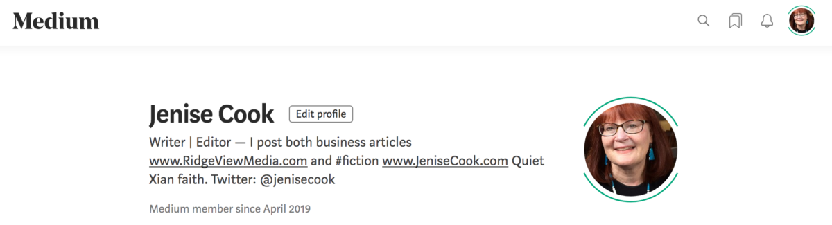 Home Page of author Jenise Cook on Medium.com