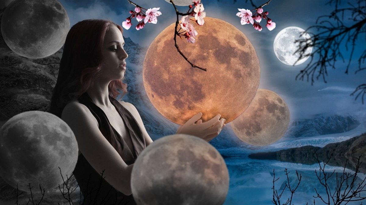 image of a young teen female with cherry blossoms and several moons used with story by JeniseCook.com titles Small Steps