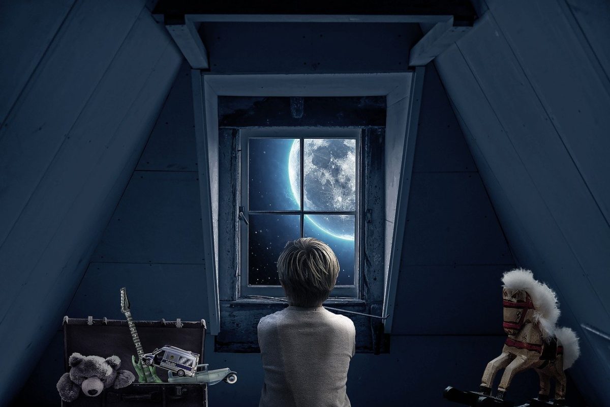 image of boy looking out window at moon and stars for story tim's new toys by author jenisecook.com
