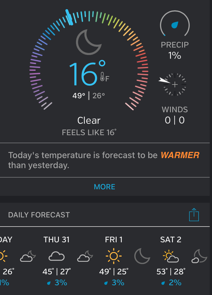 image of weather app 16 degrees Fahrenheit for haiku by JeniseCook.com