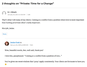 screenshot of comments from former blog post on Time for a Change