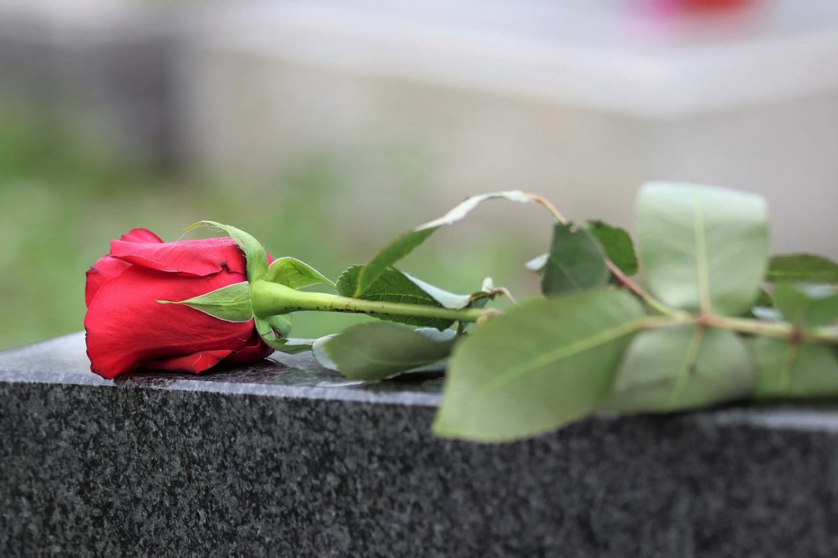 Photo of a rose on top of a grave stone by GoranH on Pixabay.com